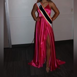 Hot Pink Faviana lace up back long dress.